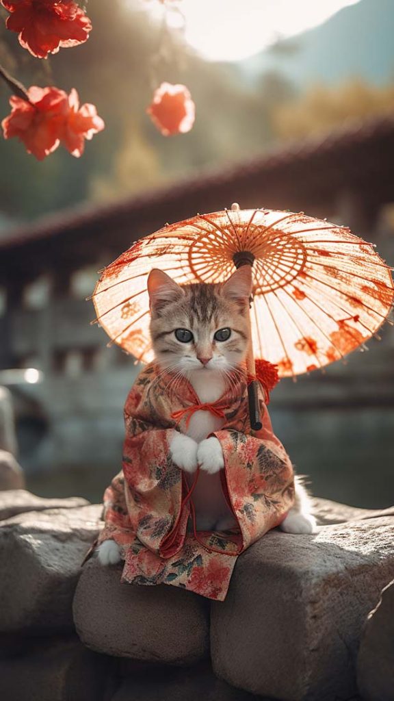 一只可爱的迷你小猫，穿着汉服，撑伞的猫。 | Ai关键词 Midjourney关键词 Ai绘画教程 Ai绘画 设计资源 设计教程-Ai关键词  Midjourney关键词 Ai绘画教程 Ai绘画 设计资源 设计教程