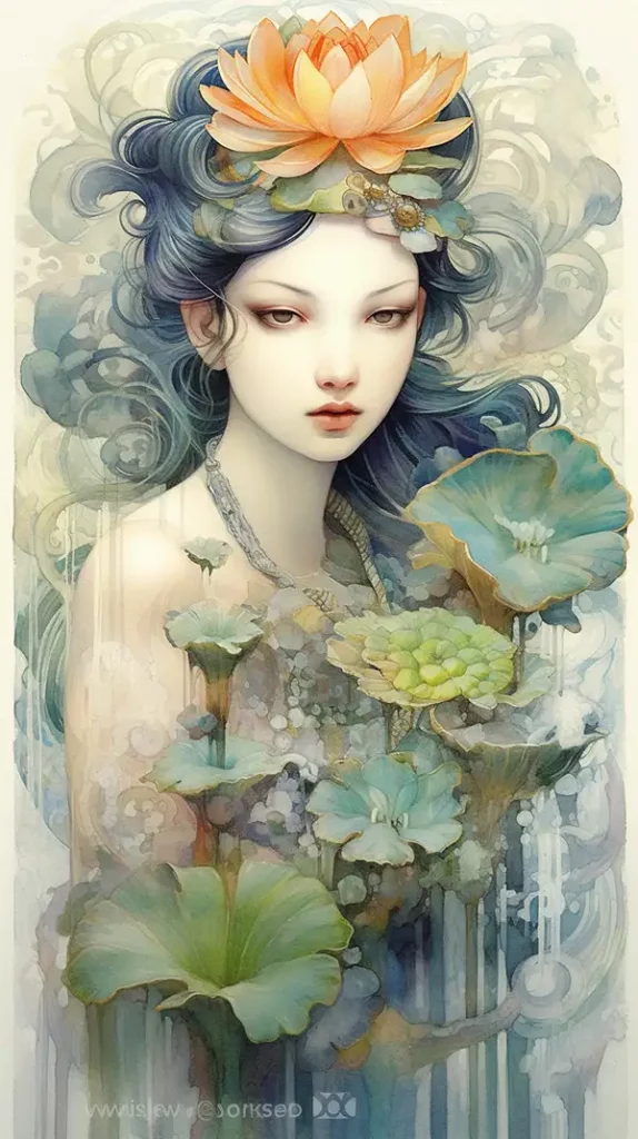 Anna Dittmann的《古代优雅的亚洲莲花女神》 | Ai关键词 Midjourney关键词 Ai绘画教程 Ai绘画 设计资源 设计教程-Ai关键词  Midjourney关键词 Ai绘画教程 Ai绘画 设计资源 设计教程