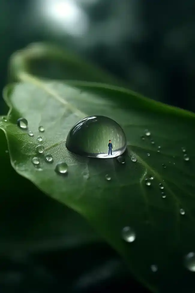 雨滴落在一片叶子上 | Ai关键词 Midjourney关键词 Ai绘画教程 Ai绘画 设计资源 设计教程-Ai关键词  Midjourney关键词 Ai绘画教程 Ai绘画 设计资源 设计教程